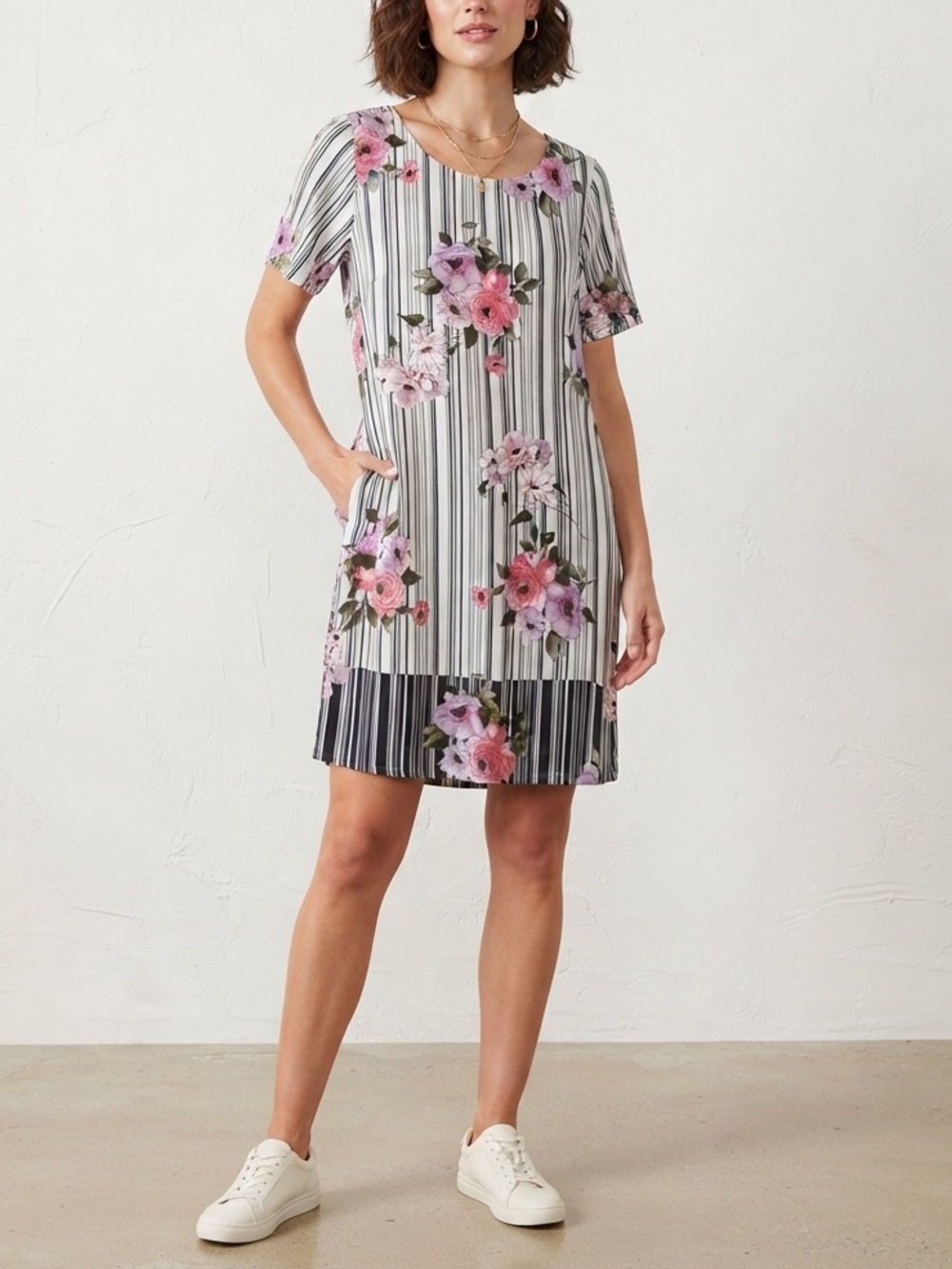Avenue Pink Floral & Black-Striped Short Sleeve Shift Dress